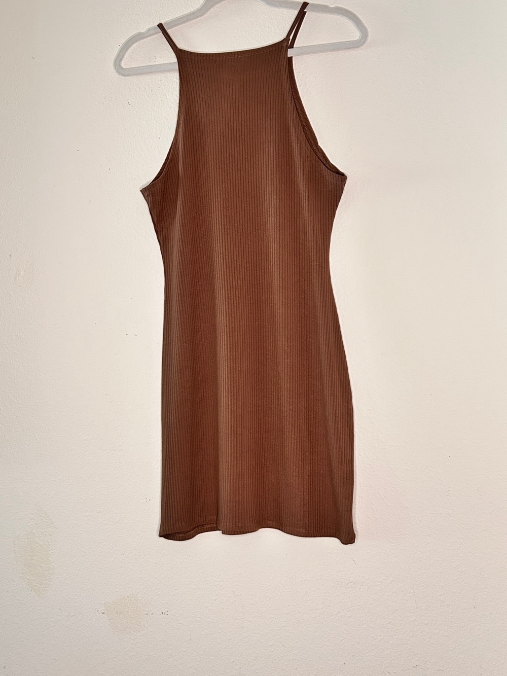 Olivaceous Brown Ribbed Halter Mini Dress